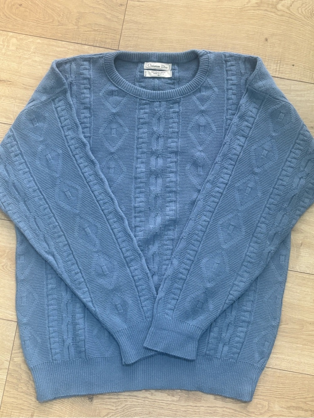Vintage Christian Dior Men's Light Blue Cable Knit Crewneck Sweater Size Large
